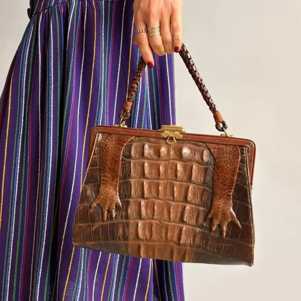 Antique Hornback Alligator Skin Handbag with Taxidermy Paws - Brown